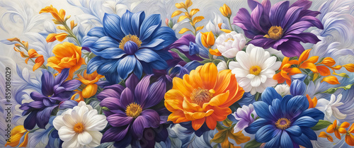 Blue, yellow and white flowers. Floral painted background. Banner of bright multi-colored flowers