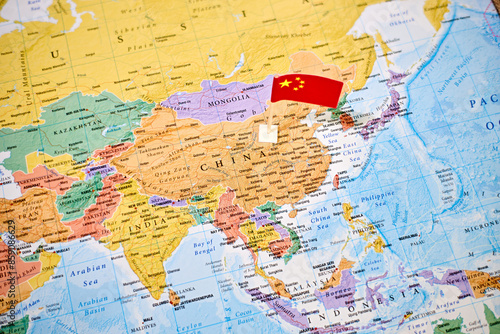 Photography China on world map with flag