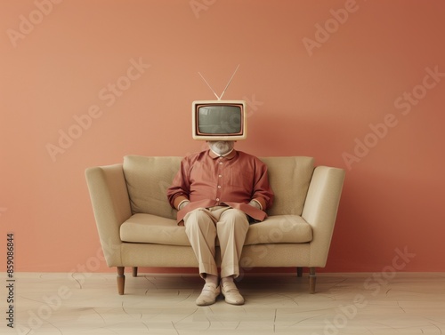 Old man sitting in a sofa with retro TV screen instead of his head. Thought control, propaganda background. photo