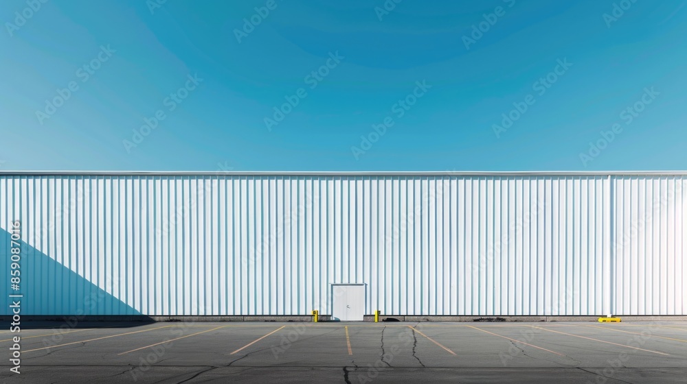 A long white warehouse wall with vertical stripes A long white warehouse wall with vertical stripes
