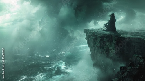 A spectral banshee wailing on a cliff edge, its form silhouetted against a stormy, oceanic abyss. photo