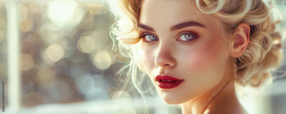 Fototapeta premium A glamorous portrait of a woman styled in vintage fashion, with classic makeup and hairstyle. The luxurious background and her poised expression evoke a sense of old Hollywood glamour.