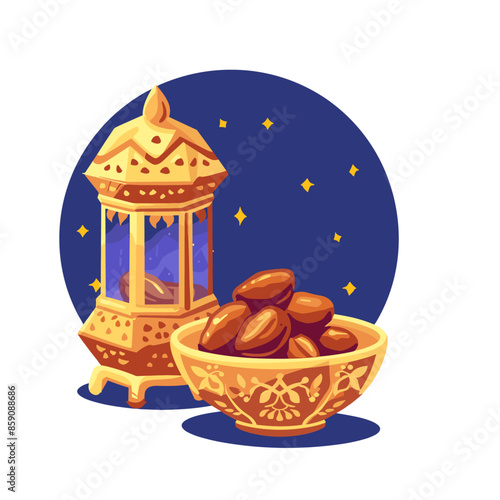 cartoon vector illustration of dates in bowl and lantern, flat design, ramadan theme