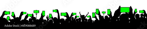 Hands holding phones, smartphones on background of raised human hands. Silhouette of cheerful crowd of people at concert or sport event and etc. Vector illustration