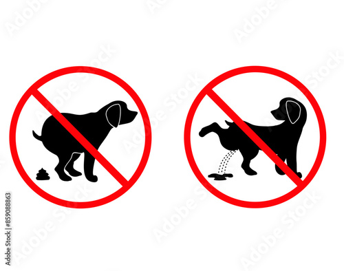 No dog poop sign and No pissing dog sign. Shitting is not allowed. Information circular sign for dog owners.  No poo and no pee