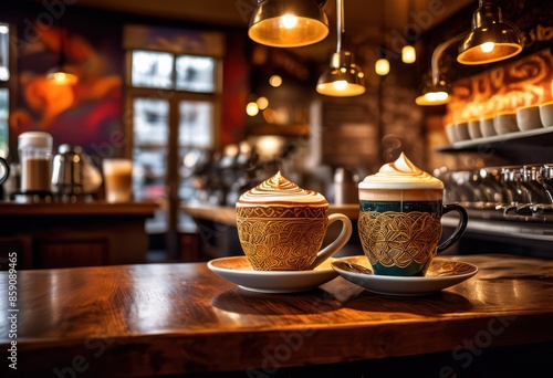 charming coffee shop beautiful latte art designs cappuccinos lattes, barista, creations, milk, patterns, espresso, drinks, foam, cafe, interior, decor © Yaroslava