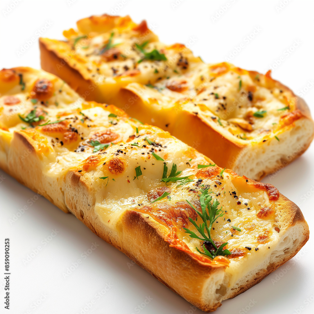 Crispy toasted bread topped with melted cheese and fresh herbs, Garlic bread Crispy toasted bread topped with melted cheese and fresh herbs, Garlic bread