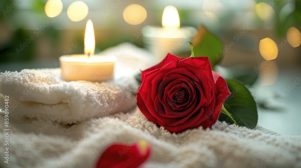 Red rose and candle adorned white towels Spa massage romance Valentine s love care treatment Self care Blank space Red rose and candle adorned white towels Spa massage romance Valentine s love care treatment Self care Blank space