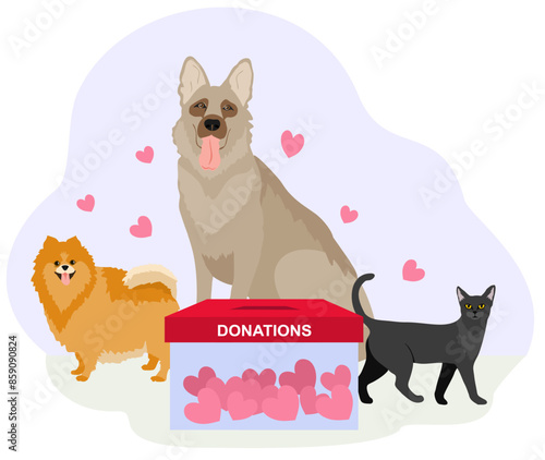 Donations the help animal dog and cat. Volunteering, assistance to animals. Fundraising, Donation for pets. Money and food donation for dogs and cats. Box for money donation