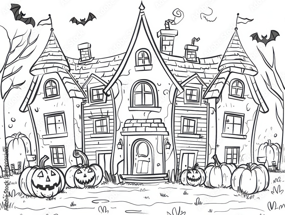 Obraz premium Halloween Coloring Page for Kids: Haunted House and Pumpkin Outline