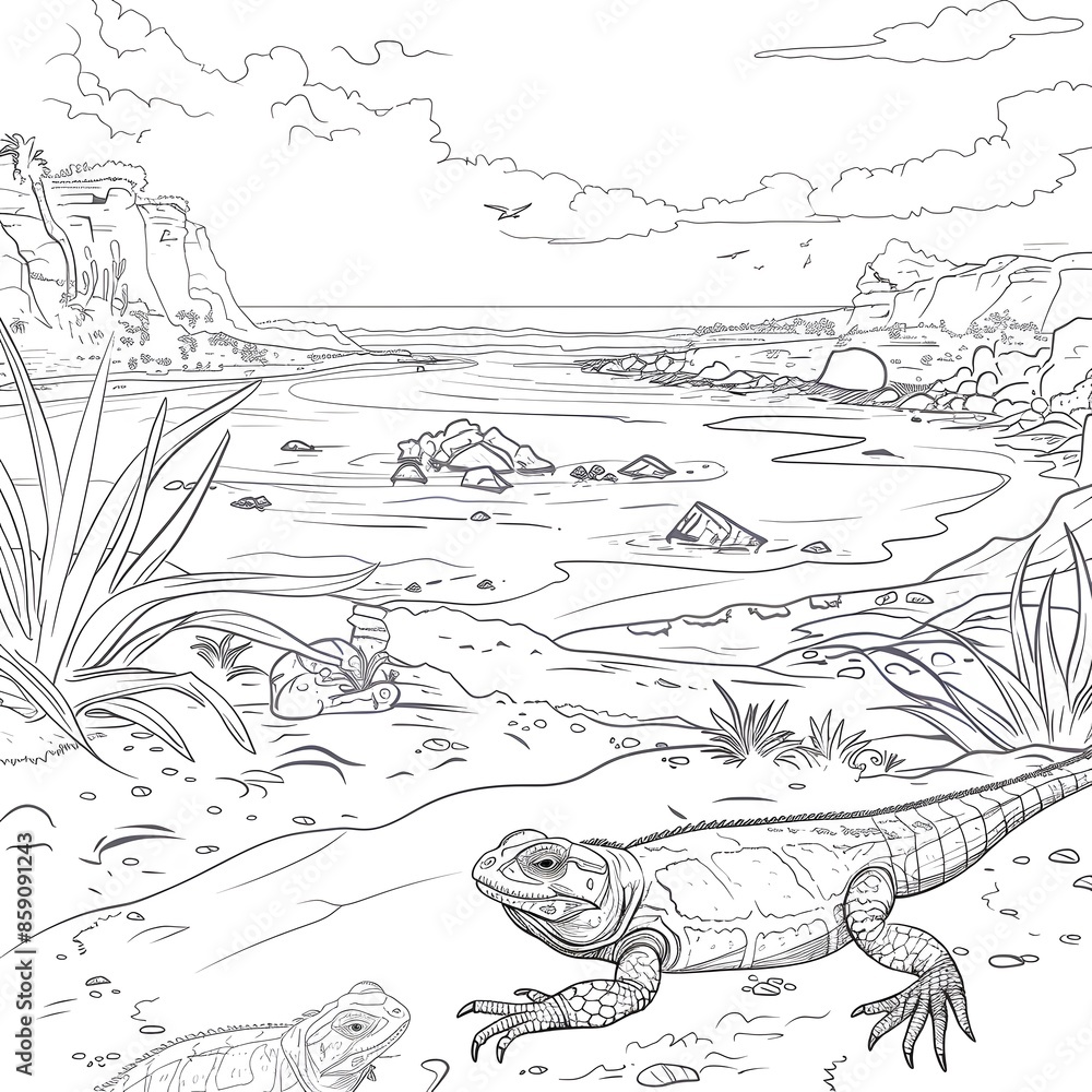 Obraz premium Minimalistic Outline of Reptiles Basking by Scenic Seascapes
