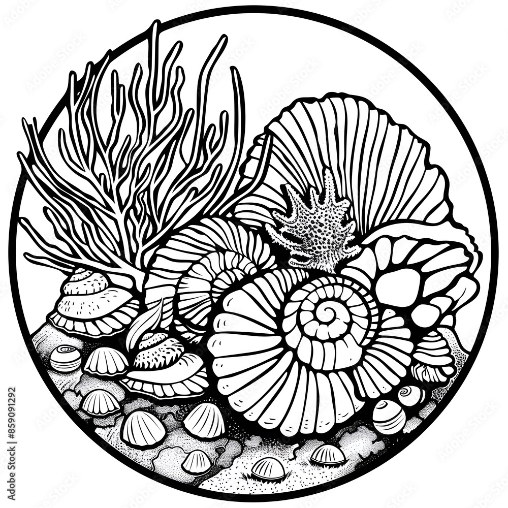 Obraz premium Minimalistic Black Outline of Mollusks in Coral Reefs