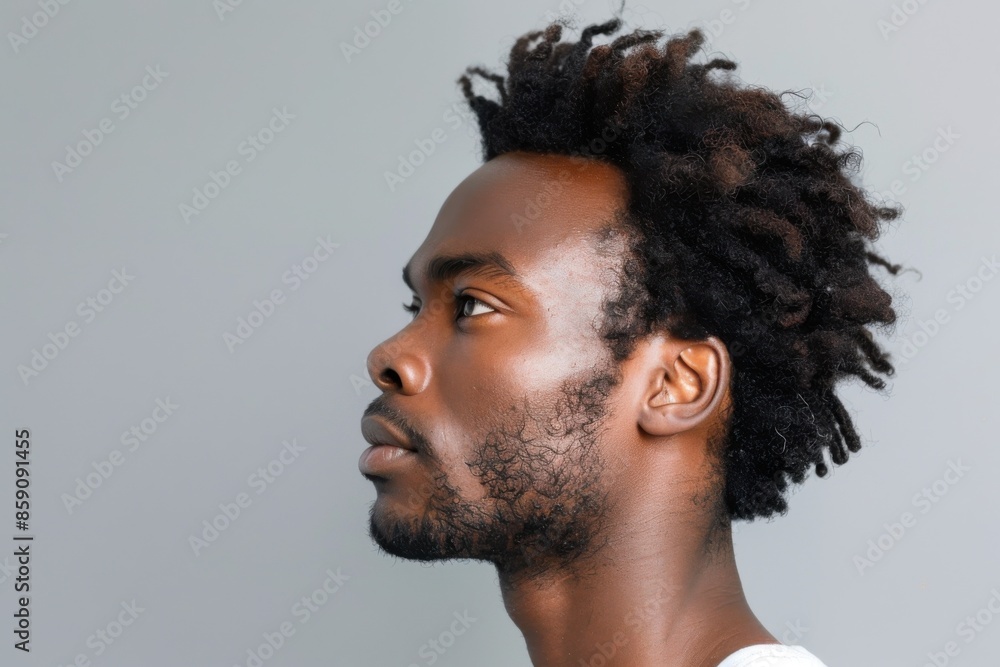 Side Portrait of an Attractive African American Man Staring with Blank Background Side Portrait of an Attractive African American Man Staring with Blank Background