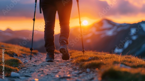 Closeup of a person with prosthetic limbs hiking on a mountain path, glowing sunset light, detailed textures, highdefinition capture, vibrant colors