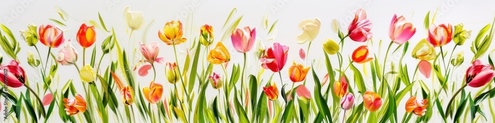 Tulips On White. Colorful Spring Tulip Field in Bloom on White Background Tulips On White. Colorful Spring Tulip Field in Bloom on White Background