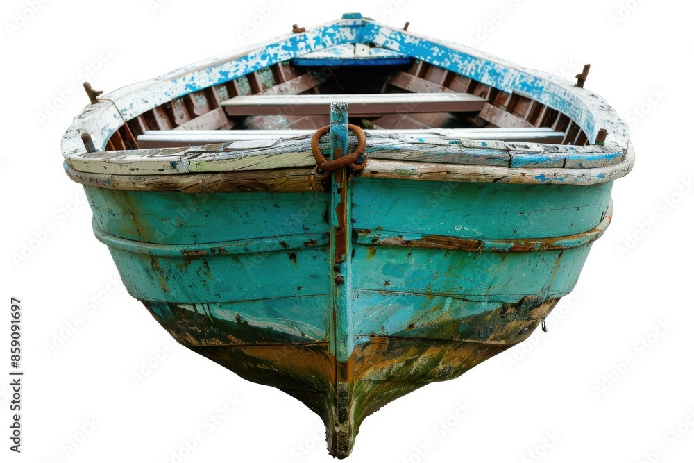 Wood Boat. Traditional Wooden Ship with Colorful Blue and Green Details on Dark Background Wood Boat. Traditional Wooden Ship with Colorful Blue and Green Details on Dark Background
