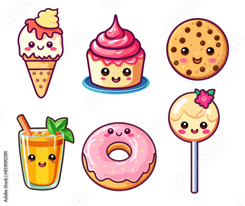 Cute Kawaii food symbols. Set of cute sweet icons in kawaii style with smiling face and pink cheeks for sweet design. Cupcake, ice cream, cookie, lollipop icons