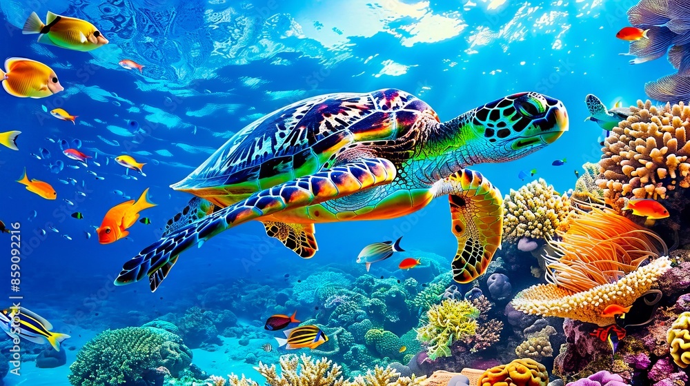 Fototapeta premium A turtle swimming in the ocean with many colorful fish.