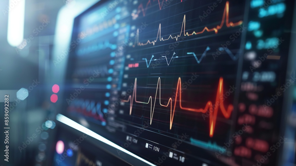 Digital display of a heartbeat graph on a patient monitoring system. Digital display of a heartbeat graph on a patient monitoring system.
