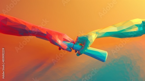 Abstract Polygonal Hand-Off: A Symbolic Relay of Effort and Progress - Two polygonal hands transfer a baton in a vibrant abstract scene.