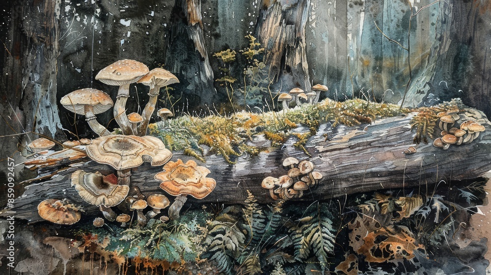 Watercolor Painting of Mushrooms Growing on a Log in a Forest - A watercolor painting depicting a group of mushrooms growing on a fallen log in a forest setting. Watercolor Painting of Mushrooms Growing on a Log in a Forest - A watercolor painting depicting a group of mushrooms growing on a fallen log in a forest setting.