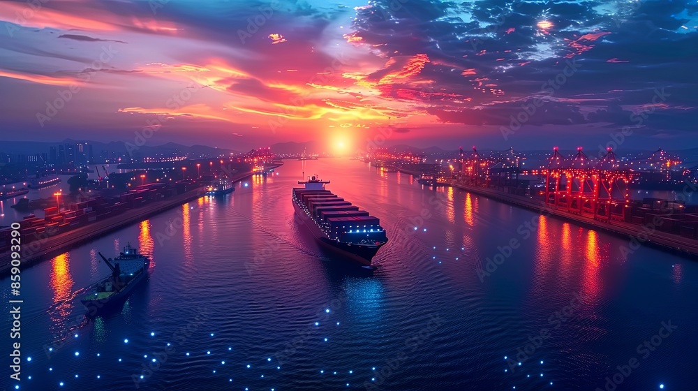 A cargo ship filled with containers glides towards the port in twilight, with glowing digital lights illustrating data connections and signifying maritime technology. A cargo ship filled with containers glides towards the port in twilight, with glowing digital lights illustrating data connections and signifying maritime technology.