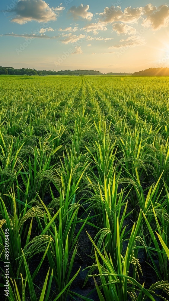 Obraz premium field, sky, grass, green, landscape, meadow, nature, Wide fields, lush green rice seedlings swaying gently in the breeze, under the warm midday sun of a fine summer day