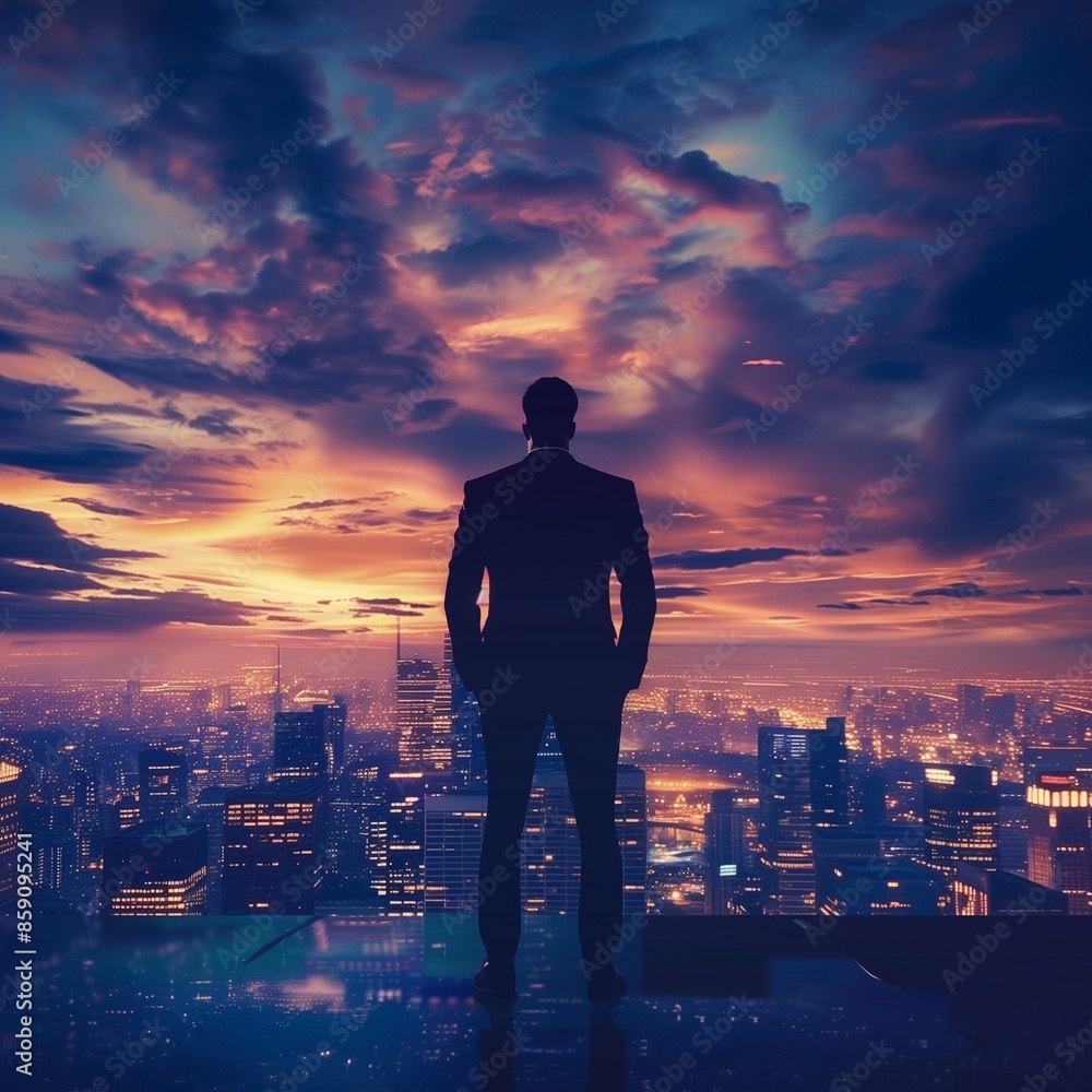 Fototapeta premium Business aspirations touching sky businessman gaze on cityscape high. Silhouettes of success dreams in urban lights future promise in professional. In heart of city ambitions fly leader stands goals