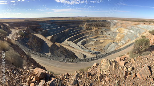 Perspective of an open-pit gold mine showing the mining pit and waste embankments. photo