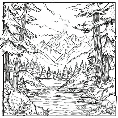 Pine Forest coloring page for adult and child. Stress release coloring page 