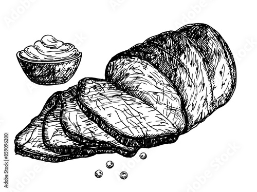 Roast beef. illustration of roasted meat in black and white. Sketch