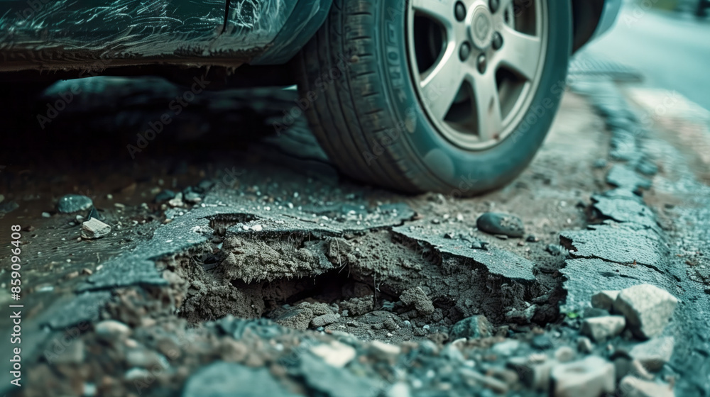 Car wheel stuck in the broken pathhole, middle of road Car wheel stuck in the broken pathhole, middle of road