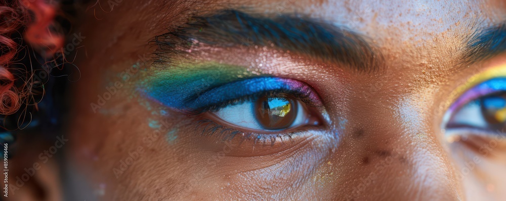 Close-up of a person's face with vibrant, multicolored paint and glitter surrounding their eyes. The intense gaze and colorful details create a striking and artistic visual. Close-up of a person's face with vibrant, multicolored paint and glitter surrounding their eyes. The intense gaze and colorful details create a striking and artistic visual.