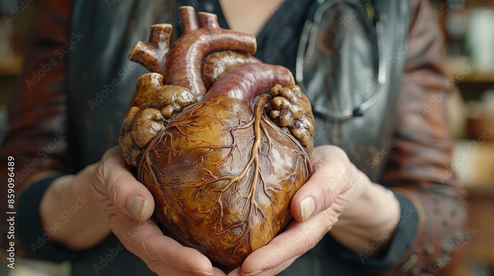 A heart surgeon holds a realistic diseased heart, cardiovascular coronary artery disease awareness, a heart health cardiologist