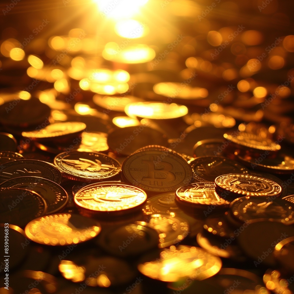 Golden coins scattered with a warm backlight Golden coins scattered with a warm backlight