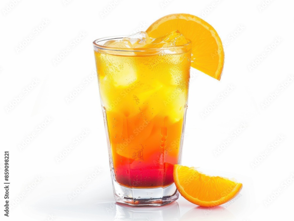Cocktail Isolated. Tequila Sunrise with Orange and Ice in Colourful Glass Cocktail Isolated. Tequila Sunrise with Orange and Ice in Colourful Glass