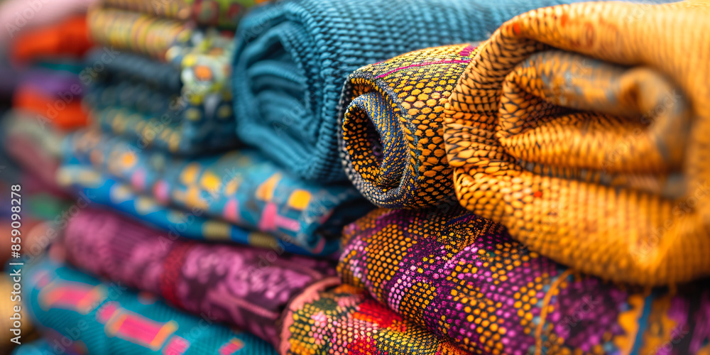 Close-up image of colorful African textiles and fabrics in a local market. Intricate patterns, textures and rich colors Close-up image of colorful African textiles and fabrics in a local market. Intricate patterns, textures and rich colors