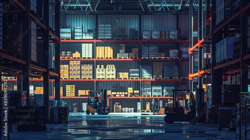 Indoor shot of a factory warehouse with shelves stacked high with products Indoor shot of a factory warehouse with shelves stacked high with products