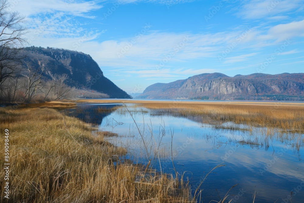Cold Spring Landscape: Constitution Island Marshes and Hudson River Surrounded by Majestic Mountains