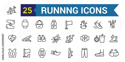 Running icons set. Outline set of running vector icons for ui design. Outline icon collection. Editable stroke.
