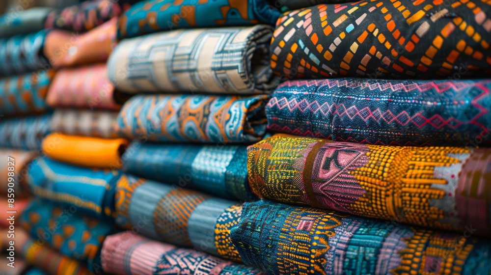 Close-up image of colorful African textiles and fabrics in a local market. Intricate patterns, textures and rich colors Close-up image of colorful African textiles and fabrics in a local market. Intricate patterns, textures and rich colors