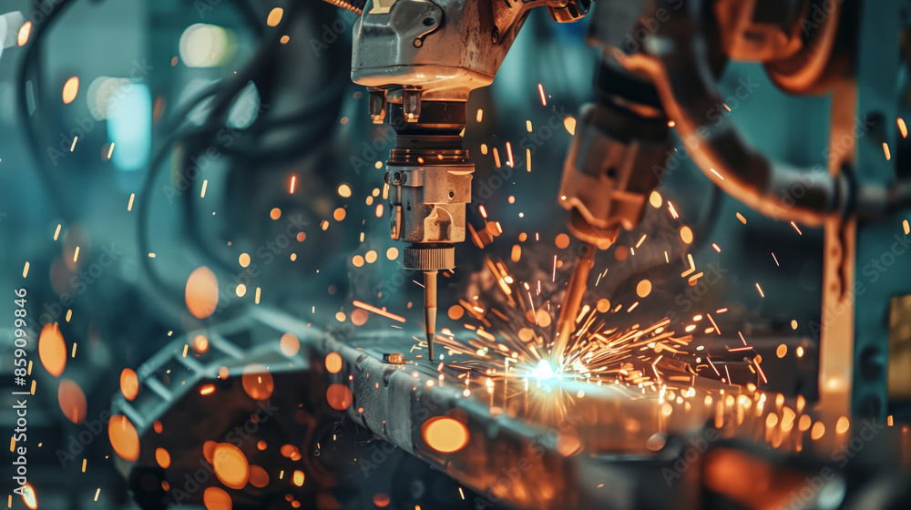 Fototapeta premium Robotic arms welding car parts in an automobile factory, with sparks flying and machines in motion