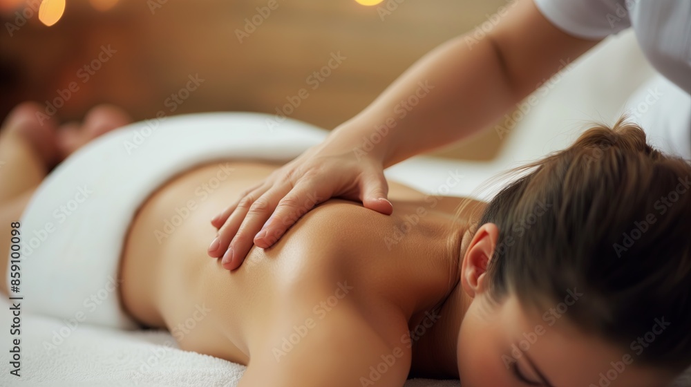 Fototapeta premium Young woman having back massage in spa salon. Beauty treatment concept.