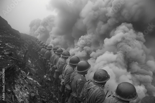 WWII Soldiers in Trenches with Billowing Smoke and Helmets in Black and White
 photo