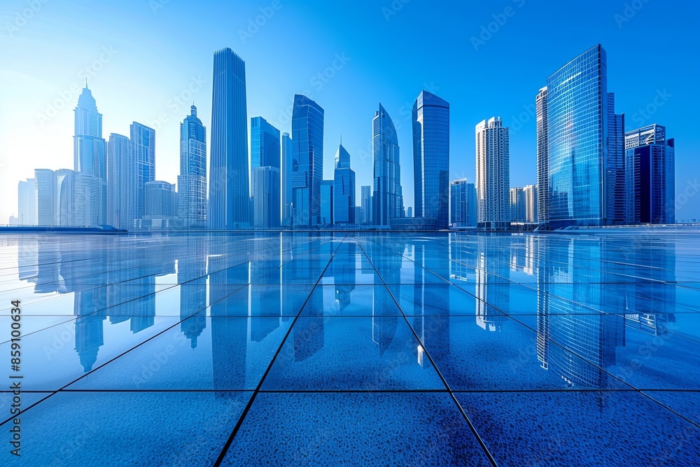 Modern city skyline with skyscrappers and reflection created with Generative AI Modern city skyline with skyscrappers and reflection created with Generative AI