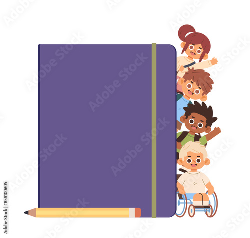 Little students peeking out from behind school notebook. Cute kids and copybook flat vector illustration