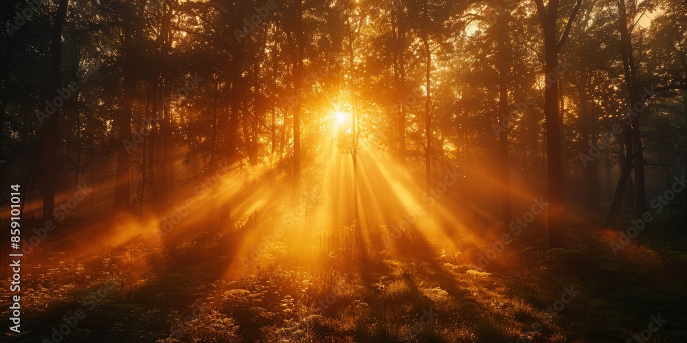Golden Rays of Sunrise in a Misty Forest Golden Rays of Sunrise in a Misty Forest