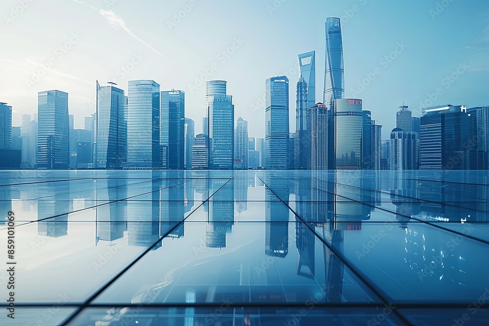 Modern city skyline with skyscrappers and reflection created with Generative AI Modern city skyline with skyscrappers and reflection created with Generative AI