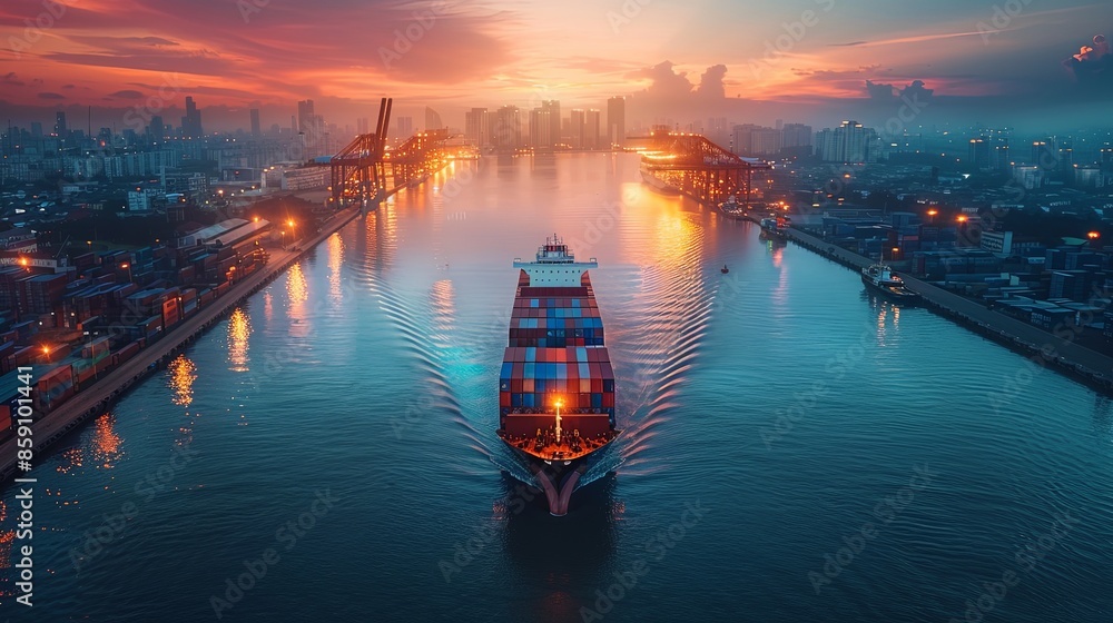 A cargo ship navigates through a brightly lit city harbor at sunset, highlighting international trade routes and urban industrial infrastructure under a colorful sky. A cargo ship navigates through a brightly lit city harbor at sunset, highlighting international trade routes and urban industrial infrastructure under a colorful sky.