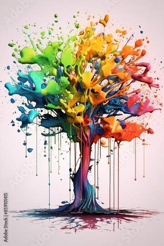 Abstract illustration of a tree in an explosion of colorful paint on a white background